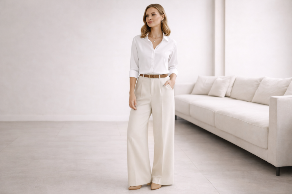White shirt styled with wide-leg trousers in a clean, minimalist outfit with a modern silhouette.