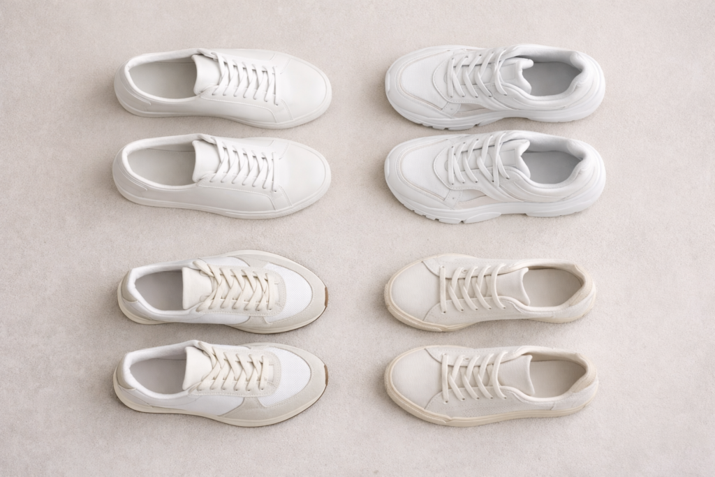 Flat lay of different white sneaker styles including minimal leather, chunky and retro designs on a neutral background.