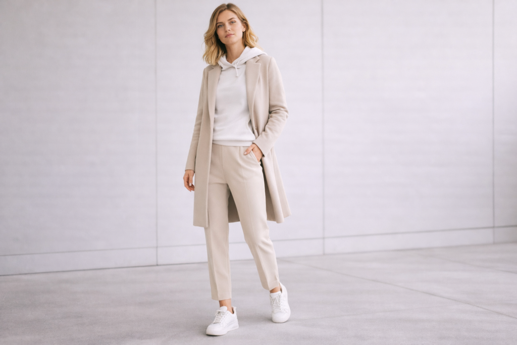White sneakers styled with beige tailored trousers, hoodie and coat for an elevated athleisure outfit.