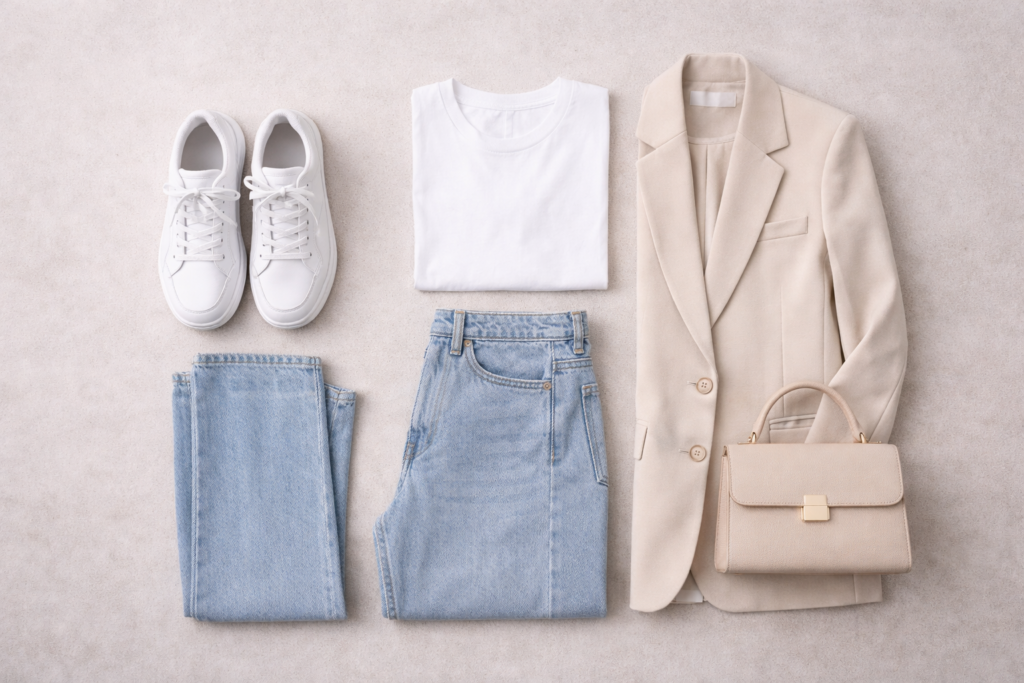Flat lay outfit formula with white sneakers, jeans, blazer, white tee and structured handbag on neutral background.