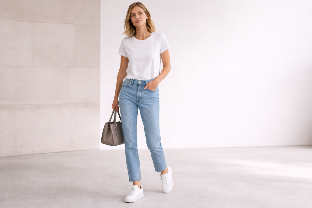 White sneakers styled with straight-leg jeans, white top and blazer for a casual chic everyday outfit.
