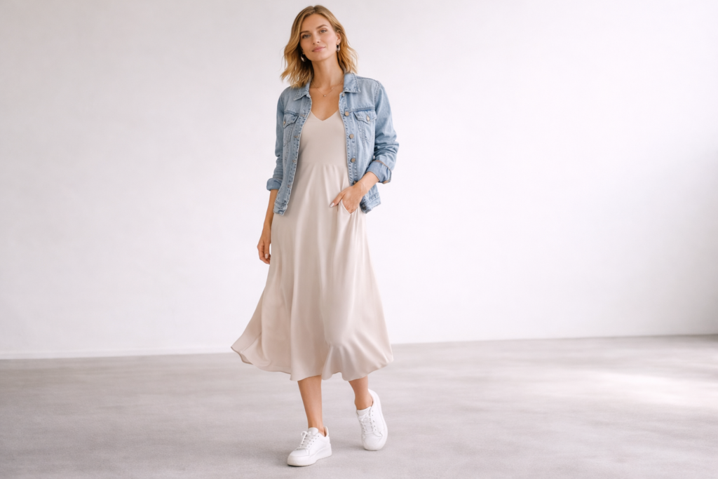 White sneakers paired with a neutral midi dress creating a relaxed and modern everyday outfit.