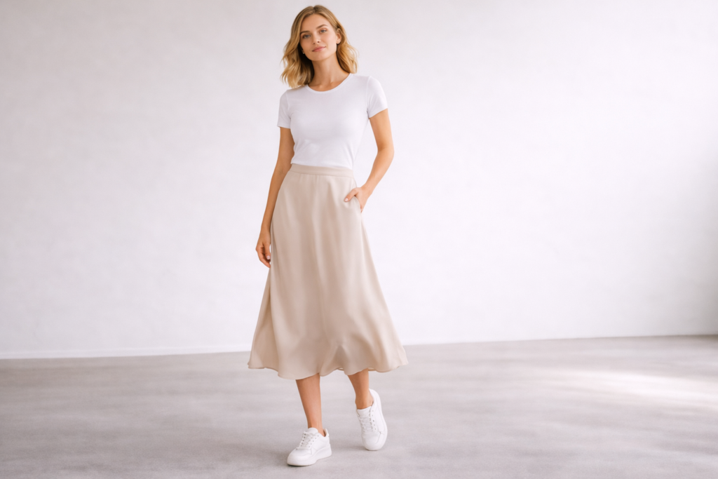 White sneakers styled with a midi skirt and fitted top creating a balanced everyday outfit.
