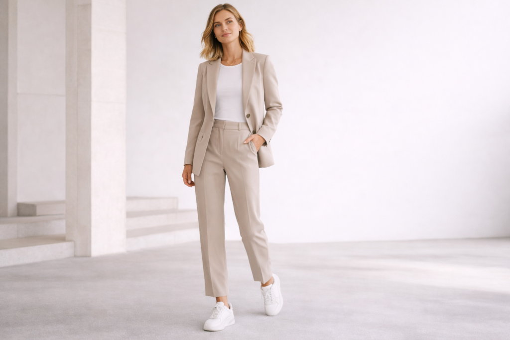 White sneakers styled with tailored trousers and blazer for a smart casual polished outfit.