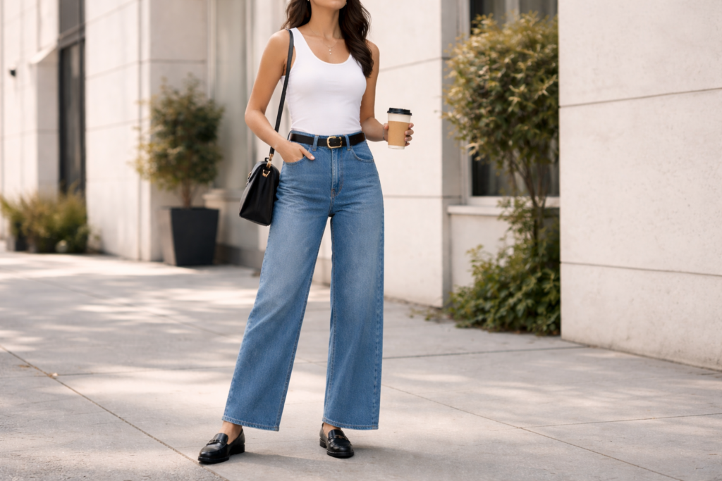 Woman wearing high waisted wide leg jeans with a fitted top demonstrating balanced proportions styling.