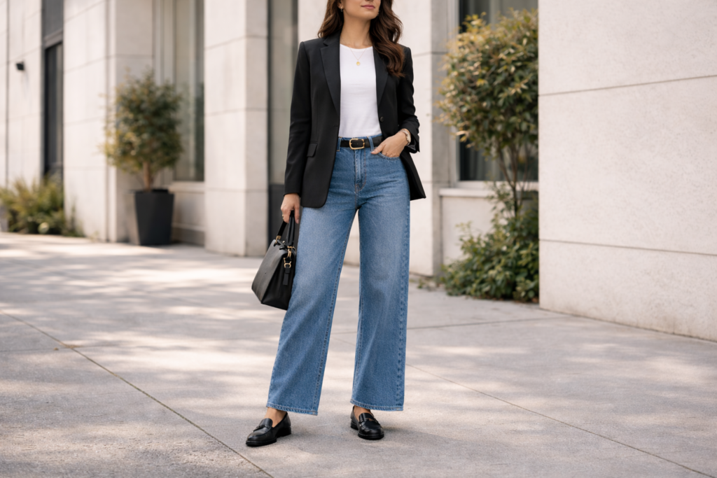 Smart casual outfit with wide leg jeans styled with a tailored blazer and loafers.
