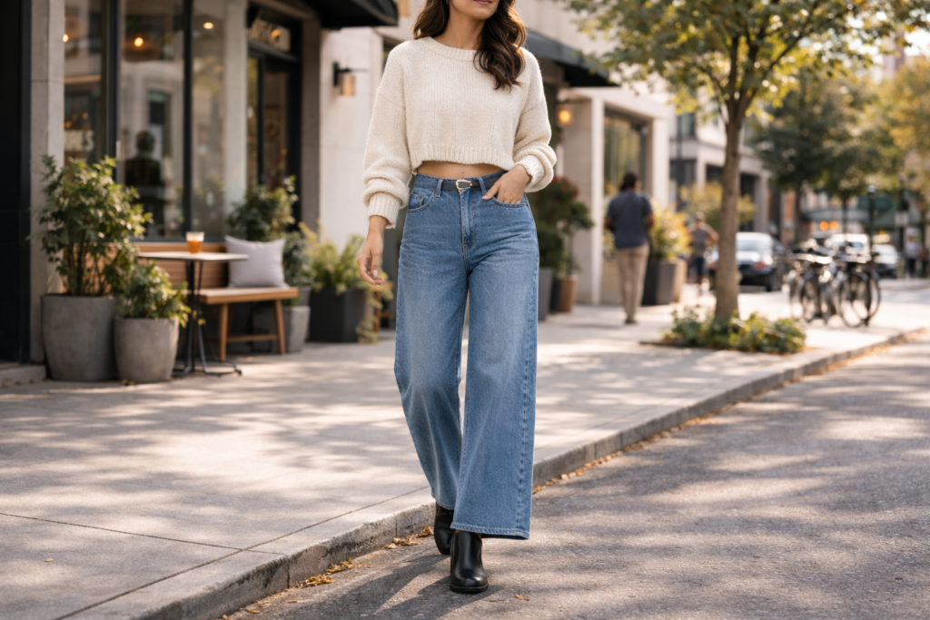 Wide leg jeans styled with a cropped sweater and ankle boots creating a balanced outfit.