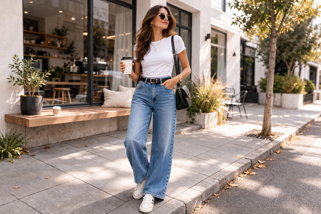 Casual outfit featuring wide leg jeans styled with a fitted t-shirt and sneakers for an everyday look.