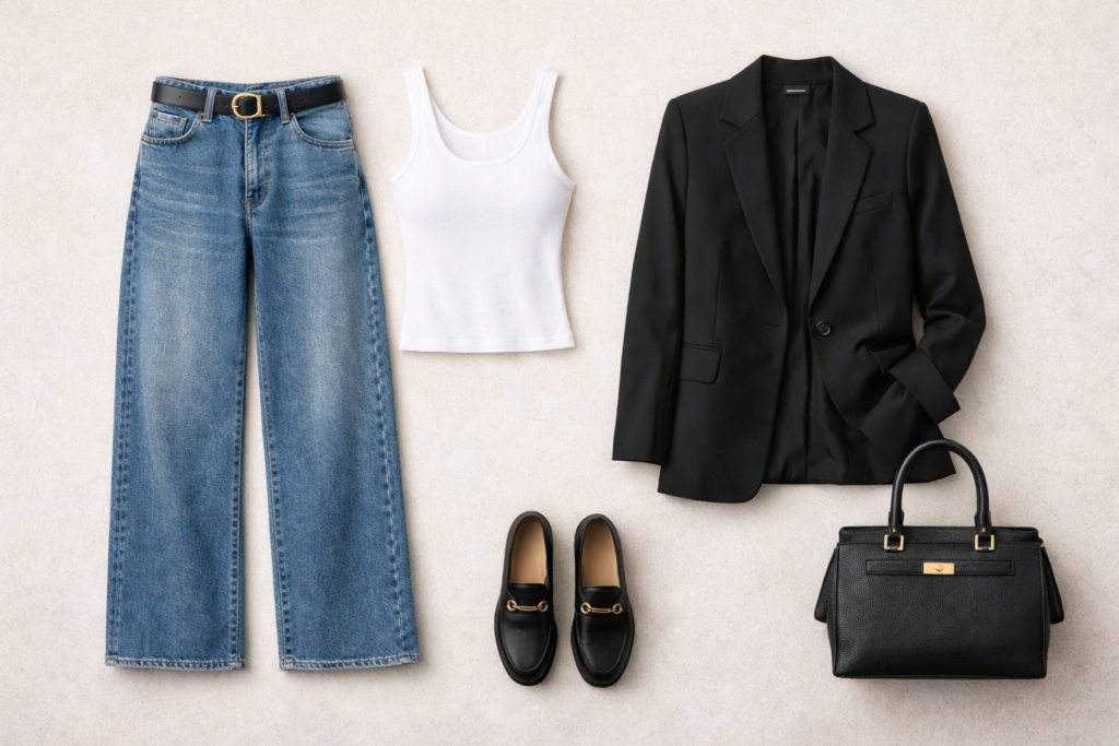 Flat lay outfit showing wide leg jeans styled with a tank top blazer loafers and handbag.