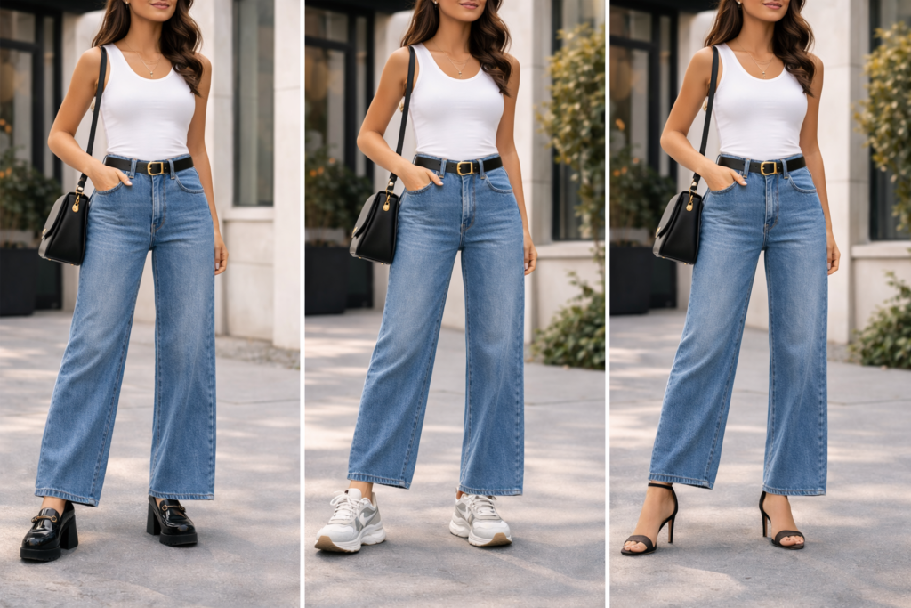 Wide leg jeans outfit styled with chunky sneakers showing how statement shoes elevate the look.