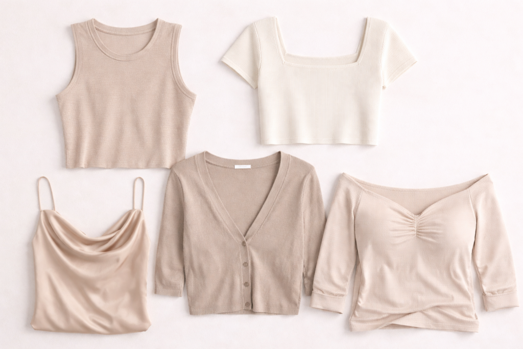 Capsule wardrobe flat lay featuring women’s tops in different neckline styles including crew neck, V-neck, square neck and boat neck.