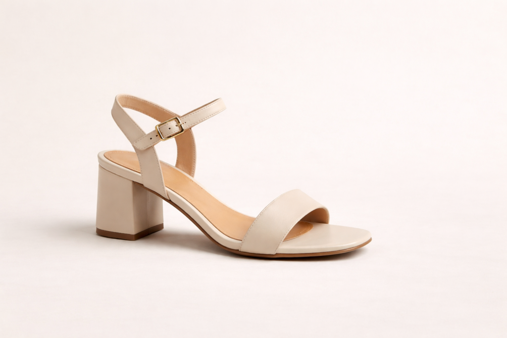 Single women’s block heel sandal on neutral background showing a comfortable and versatile block heel shoe style.