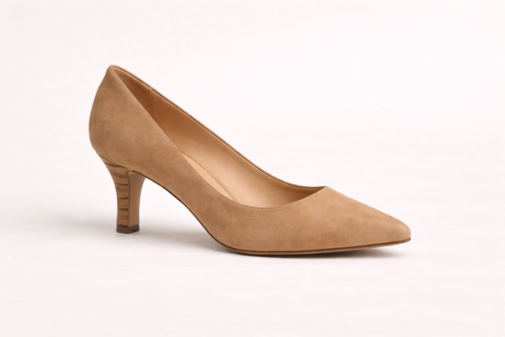 Single women’s cone heel shoe on neutral background showing a heel that tapers toward the base.