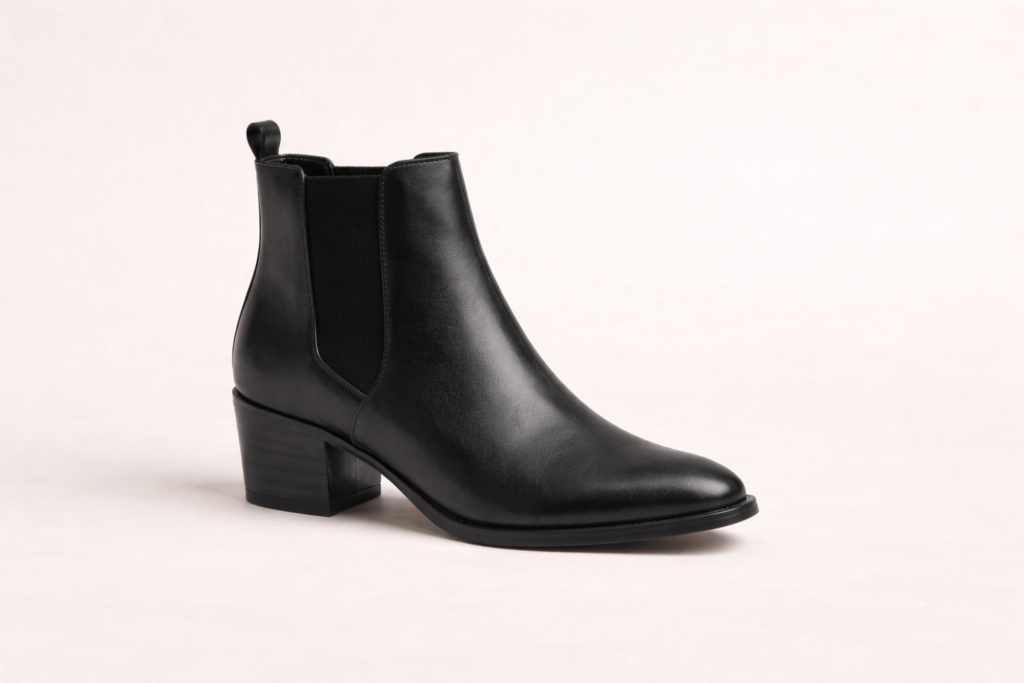 Women’s Cuban heel ankle boot on neutral background showing a stable short Cuban heel style.