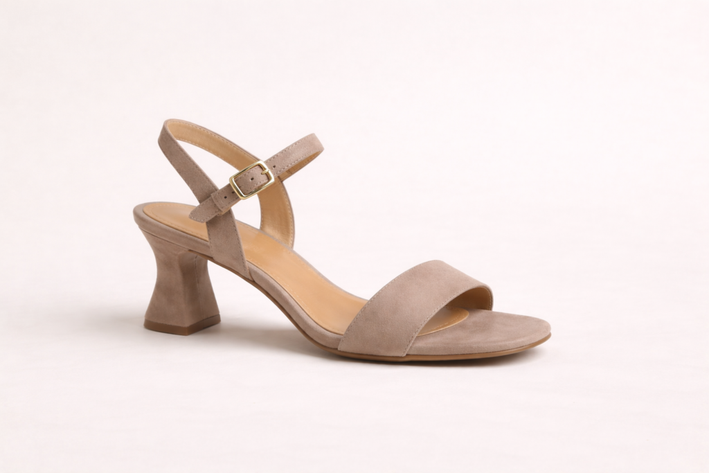 Women’s flared heel shoe on neutral background showing a heel that widens at the base for added balance.