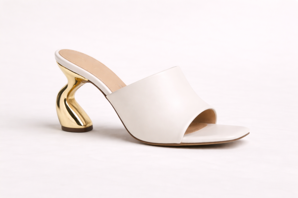 Single women’s sculptural heel shoe on neutral background featuring an artistic curved heel design.