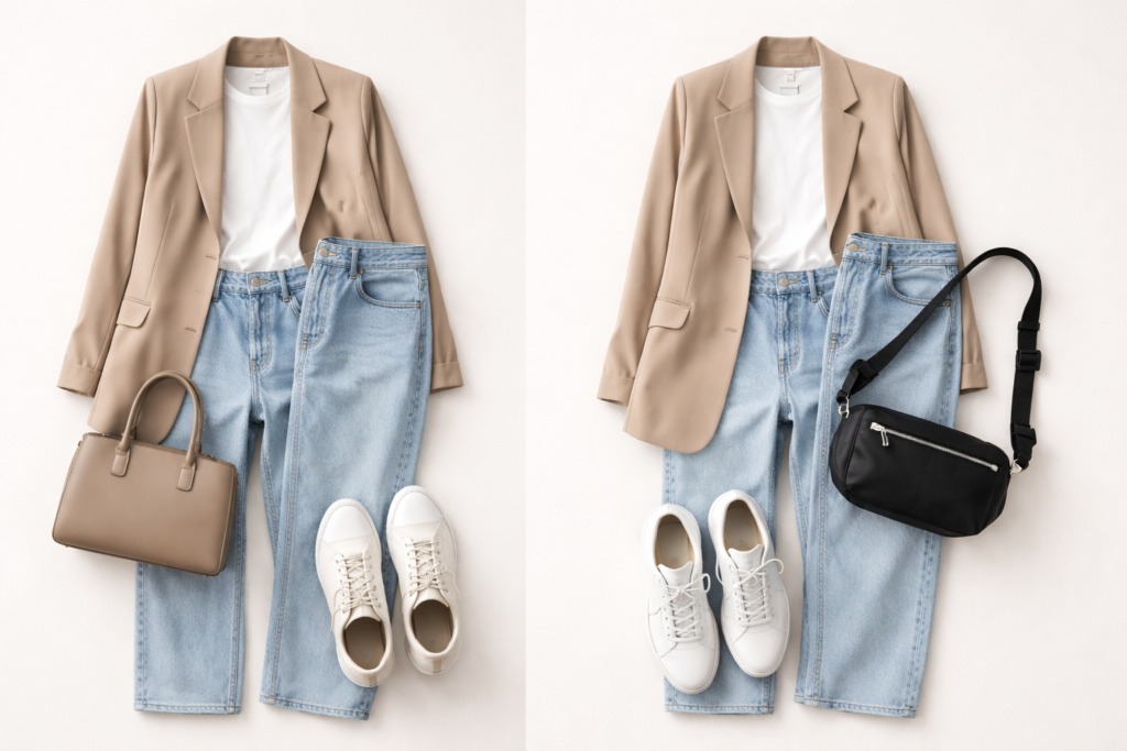 Flat lay outfit formula examples showing blazer, white T-shirt, jeans and sneakers styled with both a classic structured handbag and a contrasting sporty crossbody to illustrate the wrong bag theory.