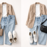 Flat lay outfit formula examples showing blazer, white T-shirt, jeans and sneakers styled with both a classic structured handbag and a contrasting sporty crossbody to illustrate the wrong bag theory.