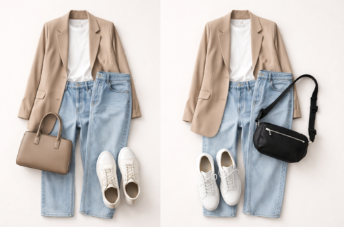 Flat lay outfit formula examples showing blazer, white T-shirt, jeans and sneakers styled with both a classic structured handbag and a contrasting sporty crossbody to illustrate the wrong bag theory.